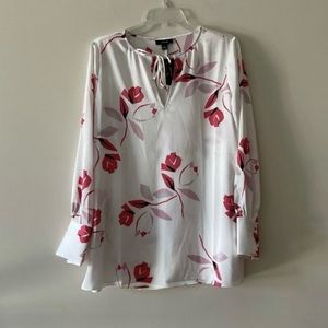 Alfani Floral Print Red Tie Front Long Sleeve Blouse